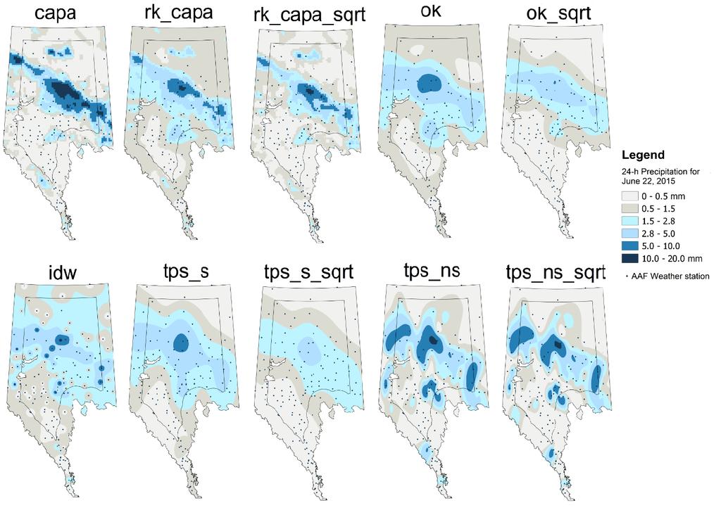 Figure A4-2 24-h precipitation estimated using the candidate methods on June 22, 2015 (a rainy day). In a rainy day, precipitation estimated with the 10 methods varied greatly.