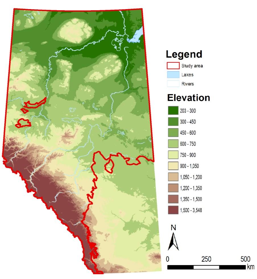 Elevations in the study area range from ~200 m in the north to ~3500 m in the south-west (Figure 2.3).