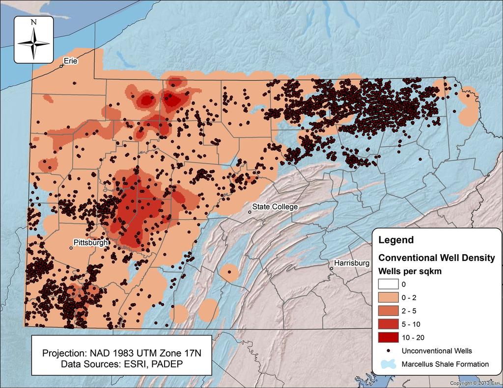Areas of high conventional wells density higher risks of