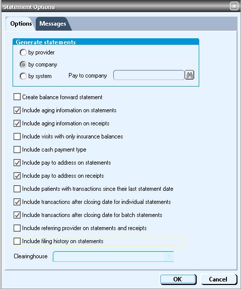 The first tab, Options, defines the information to be included on statements. The below screenshot is typically the recommended setup for most practices.