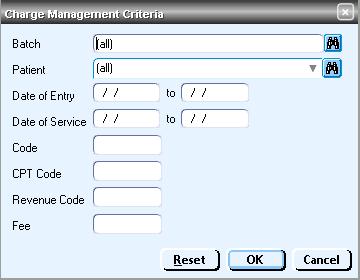 Charge Management Criteria The Charge Management Criteria window provides several options for filtering charges that display in the Charge Management window.