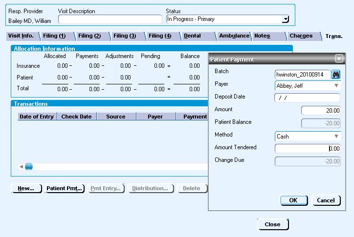 From the Billing spreadsheet, double click on the desired patient to open the visit. Once inside the visit, move to the Trans tab to post the co-pay and select the Patient Pmt button.