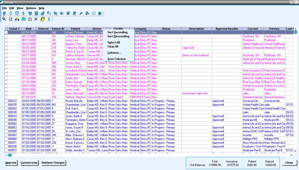 Billing Window (Spreadsheet) Once search criteria, if any, is entered and OK is selected, a billing window similar to the above is displayed.