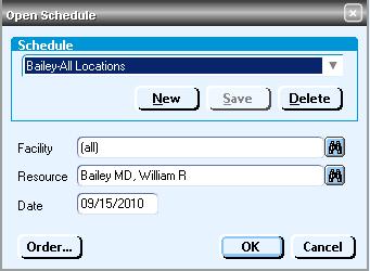 Select Schedule View When accessing the Scheduling module, selecting a predefined View to display is considered best practice, instead of selecting Facility and Resource each time.