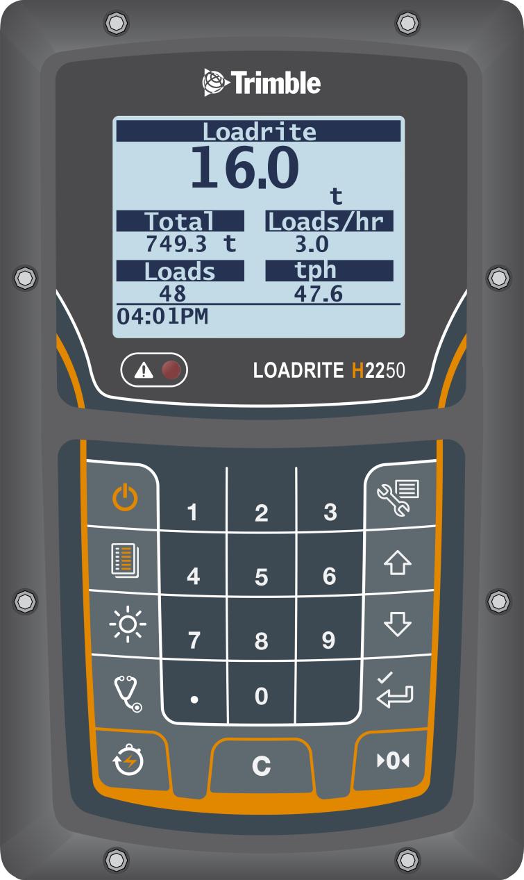 2. INTRODUCTION The Trimble LOADRITE H2250 Haul Truck Monitor System measures the weight of material shifted and many other operational parameters of a standard Rigid Body Haul Truck.