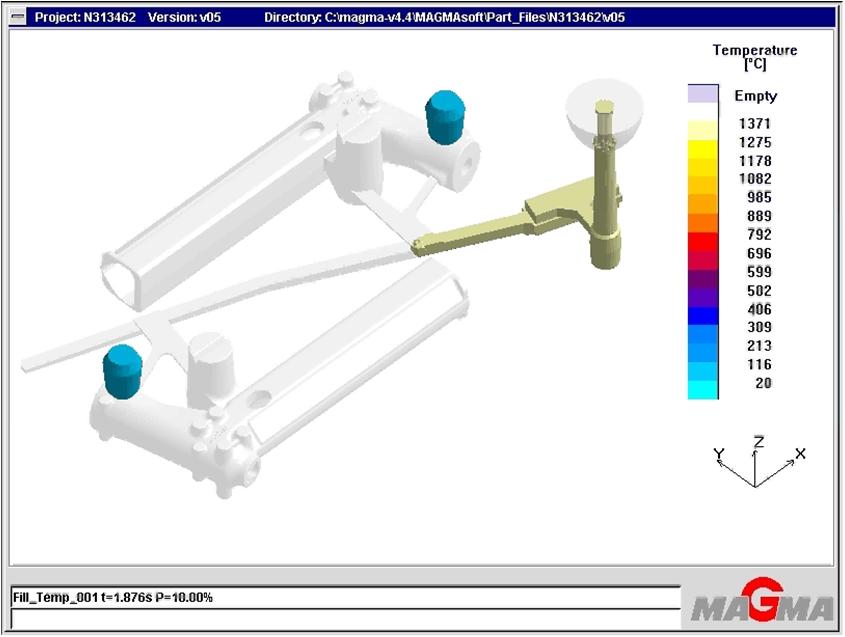A full simulation will allow the MAGMASOFT user to review the filling for temperature, velocities, and possible mold erosion.