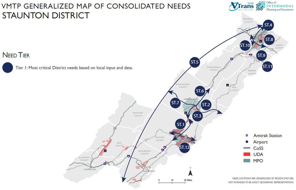 Need Tier 1 Needs Need Description ST.1 ST.2 ST.3 In SAWMPO, the I-64 and US 250 corridors have mode choice, safety, congestion, travel demand management, and connectivity needs.