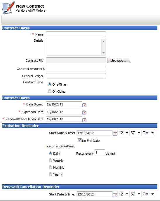 Relationship Managers must have the permission AddContract, see page 8, assigned to them to be able to add to the Contracts tab. i. Adding a Contract From the Vendor s Snapshot: 1.