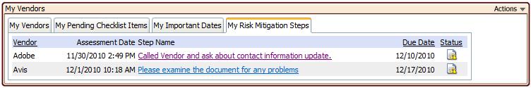 D. My Risk Mitigation Steps If you have been assigned a mitigation step of a Vendor the My Risk Mitigation Steps tab will display what risk
