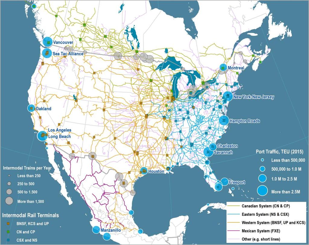 networks. This is particularly a challenge in the United States and less so for Canadian railways due to their coverage and the configuration of their networks.