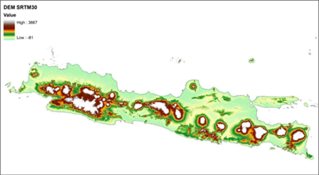 Figure 2.3. Slope map for Java (SRTM30) Factor C The crop/crop-management factor C describes the total effect of vegetation, crop residues and soil management on the soil loss.