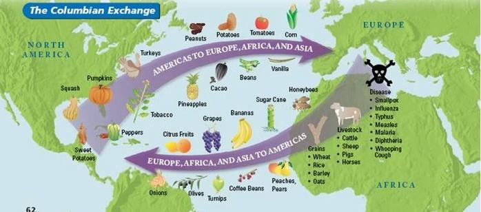 What agricultural products were brought to the Americas from Africa, Europe, and Asia?