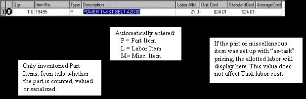NOTE: If you enter a labor line item in the detail area, the Task duration will no longer be an editable field. Task duration will equal the number of labor units (quantity) times 60 minutes.