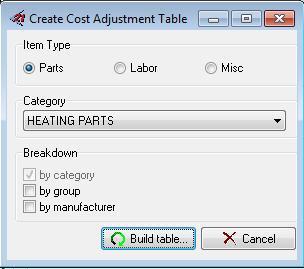 This will open the CREATE COST ADJUSTMENT TABLE window with the Item Type of the Section you are in already selected.