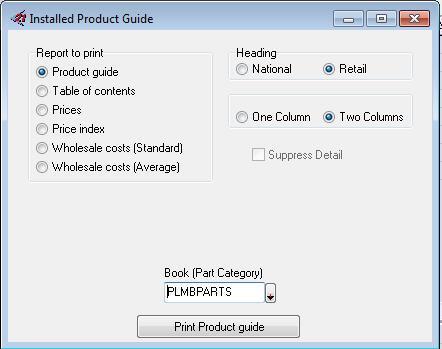 1. Click the PriceBook Setup button, select Print and then select Print Product Guide. 2. Select PRODUCT GUIDE from the REPORT TO PRINT section of the PRODUCT GUIDE screen. 3.