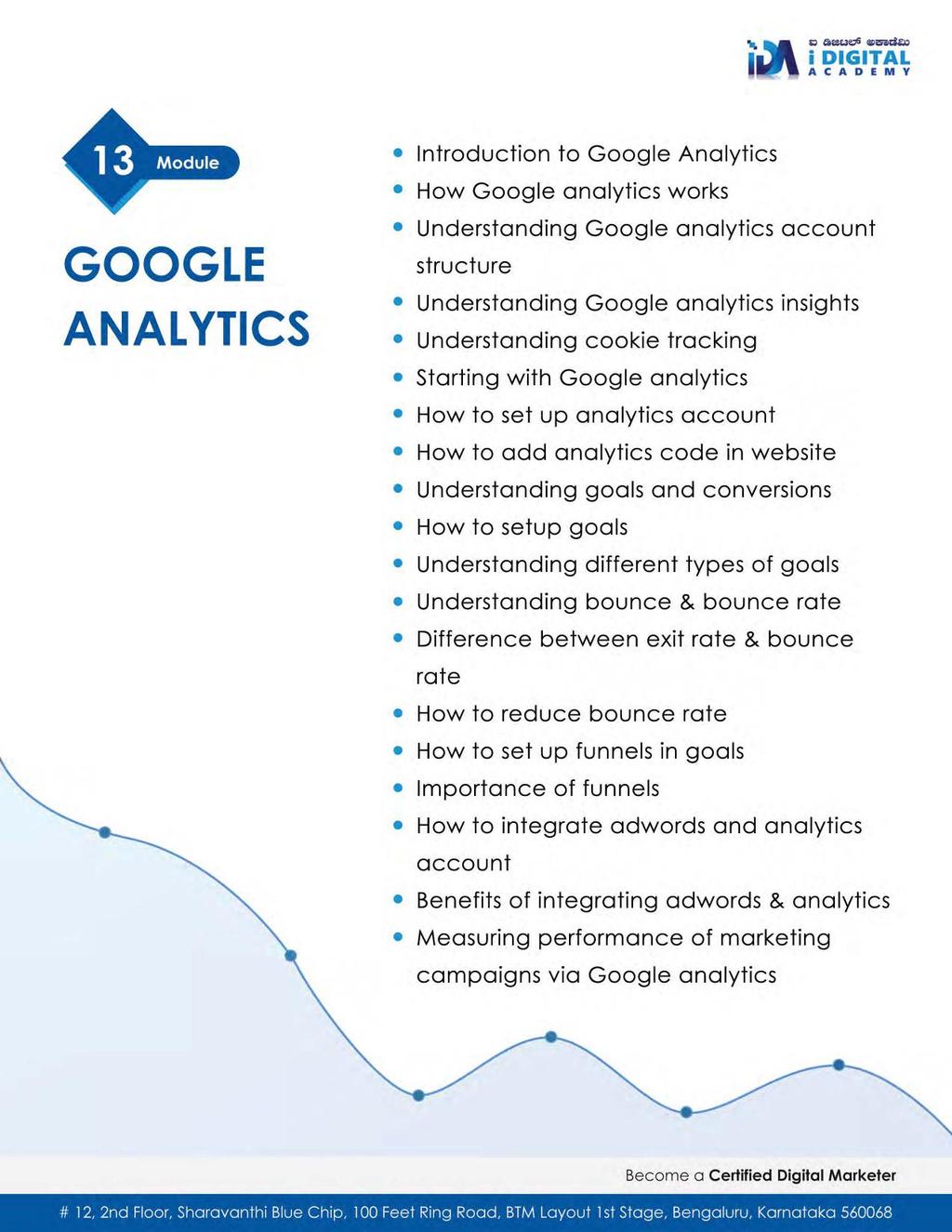 ;::i @i=u~ CIPi5ili:i~ 13 Module GOOGLE ANALYTICS Introduction to Google Analytics How Google analytics works Understanding Google analytics account structure Understanding Google analytics insights