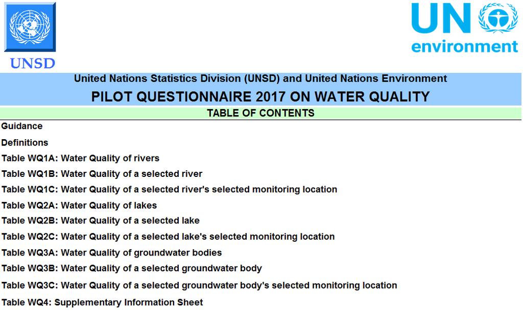 UNSD/UNE Pilot Questionnaire and indicator 6.3.
