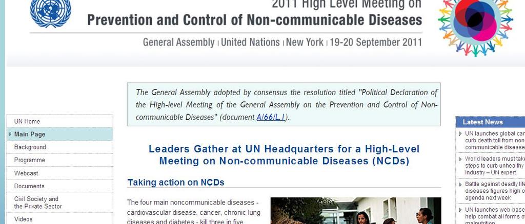 UN High Level Meeting on Non- Communicable Diseases 2011 cited the WHO
