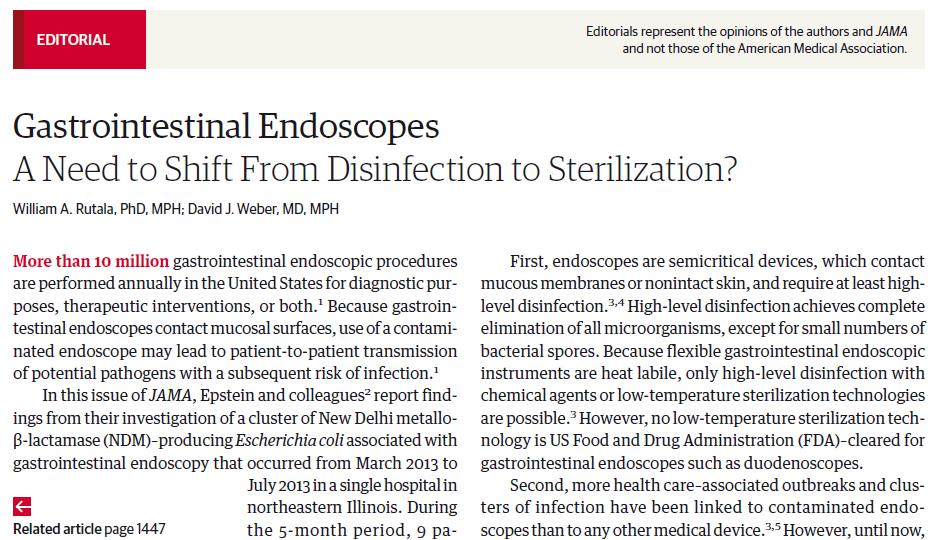 GI Endoscopes: Shift from Disinfection to Sterilization Rutala, Weber. JAMA 2014.