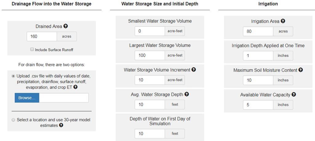 Calculates the benefits of various sizes of water storage ponds