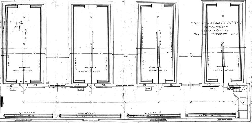 Figure 18. Floor plan showing heating pipes in the greenhouses and header houses. Retrieved from Facilities Management Division Asset Record System, File HG-1-T. 2.