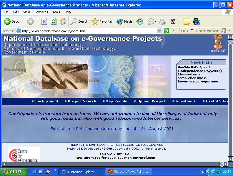 UN07102003-37 To facilitate knowledge sharing in e-governance by the different government agencies and states, the E-Governance National Resource launched the website (www.egovdatabase.gov.in) to archive and disseminate information on e-governance applications in.