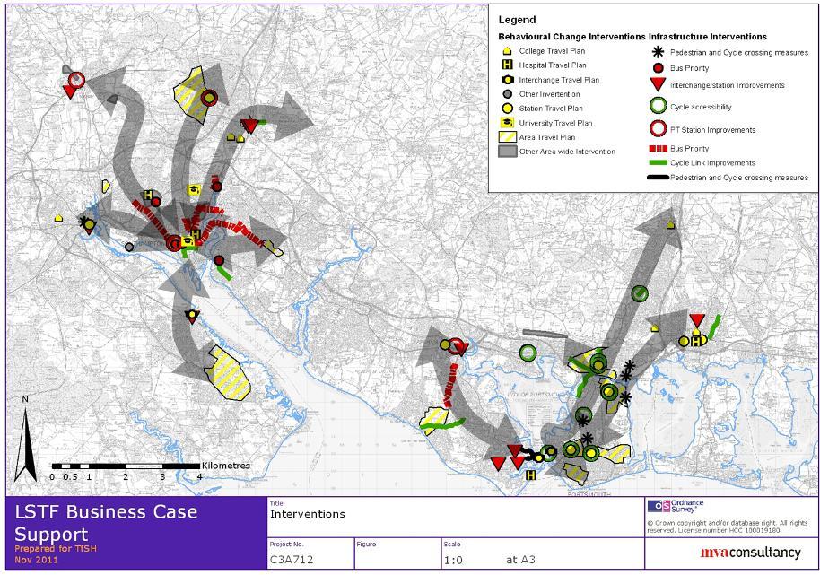 The figure below shows the nine corridors and the locations of the physical interventions and behavioural change measures; the smart ticketing system will operate across the TfSH area on bus and