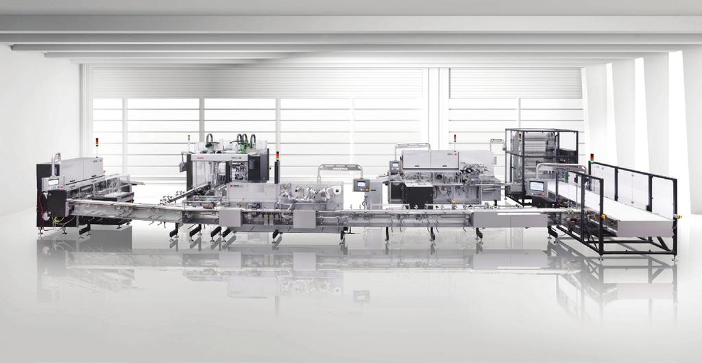 Packaging system with high-performance flow and fold wrapping machines for chocolate bars.