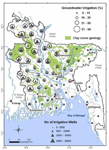 130 (a) (b) Figure 4: (a) Percentage of land in each of the 64 districts in Bangladesh irrigated with groundwater in