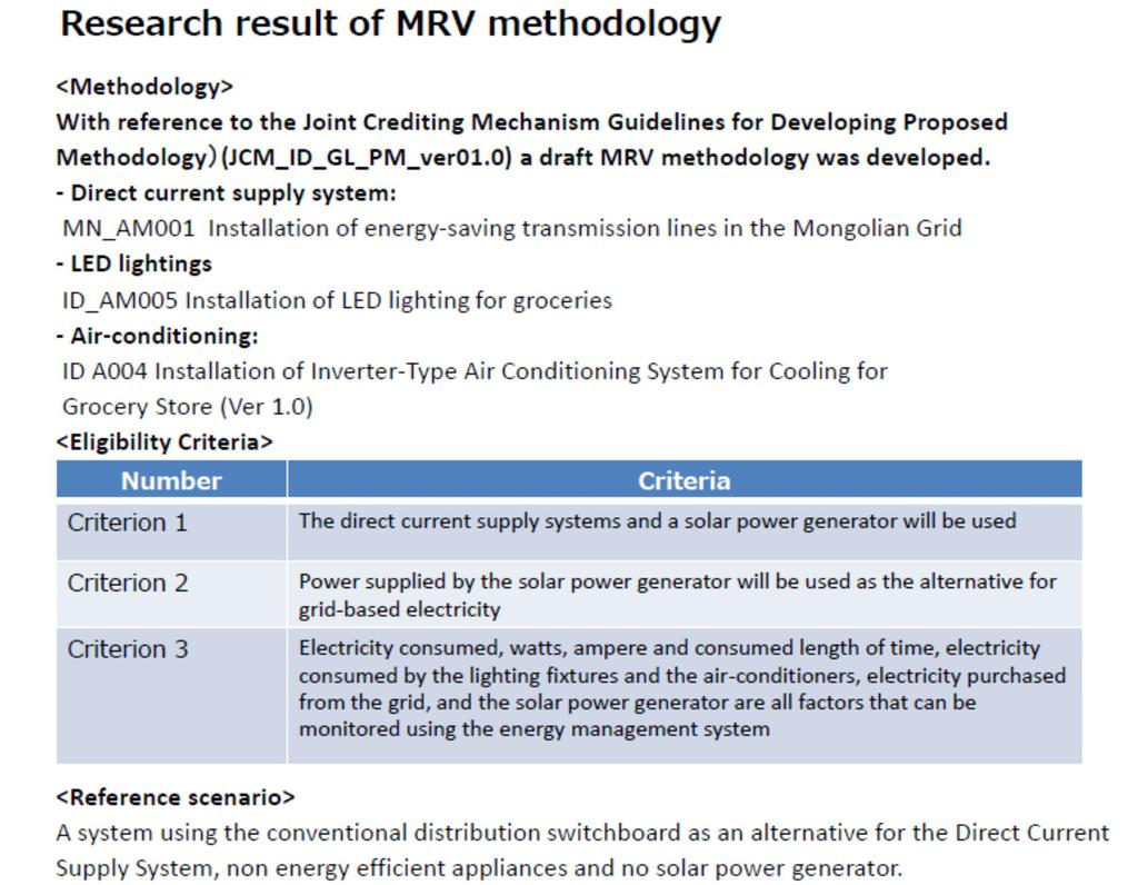 b MRV methodology and monitoring The MRV methodology was developed using multiple existing methodologies for each specific technology: Direct current system; LED lightings; and Air-conditioning.