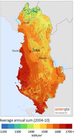 SOLAR ENERGY In Albania, average solar radiation is 1500 kwh/m 2 per year and Maximal radiation is 2200 kwh/m 2 per year In 2016, a total of 160 000 m 2 were installed (60% by