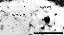 Figure 15. SEM image of Forsterite phase at 1600ºC in S5 sample. Figure 13. SEM image of SiC and unreacted ferrosilicon phases in S5 sample heated at 1300 C for 5 hr. Figure 14.