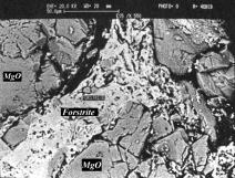 SEM and X-ray spectroscopy analyses approve the formation of Forsterite in-between magnesia particles of the refractory as shown in Figure 15.