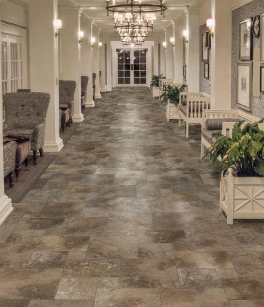 41 Photo features Grigio Meadows 6-1/2 x 6-1/2, 13 x 13, 13 x 20, and 20 x 20 field tile in a Modular Versailles pattern on the floor.