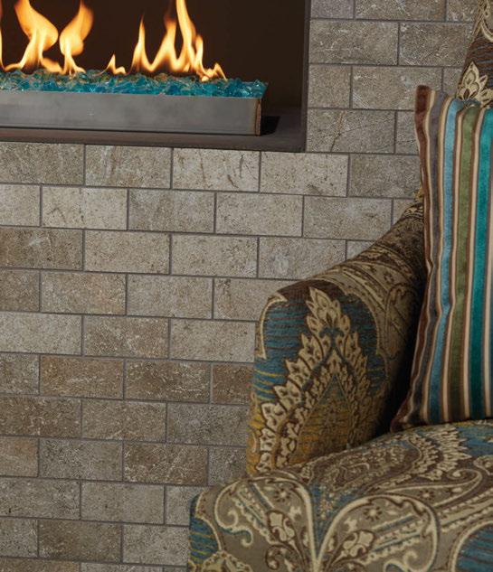 45 Photo features Valley Stone 13 x 13 field tile on the floor with 2 x 4 brick-joint mosaic on the fireplace.