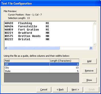 The third page of the Text File Configuration dialog box appears, displaying the data separated by their fields.