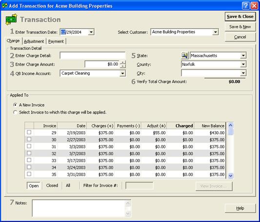 Customers To create a new charge transaction: 1. From the customer's Billing History tab, click New Transaction. The Charge tab of the Add Transaction dialog box appears. 2.