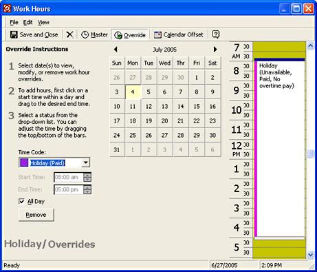 Employees 2. Select the date that you would like to enter the work hours override from the calendar. Tip: To select more then one consecutive date, press Shift while selecting the dates. 3. Click New.