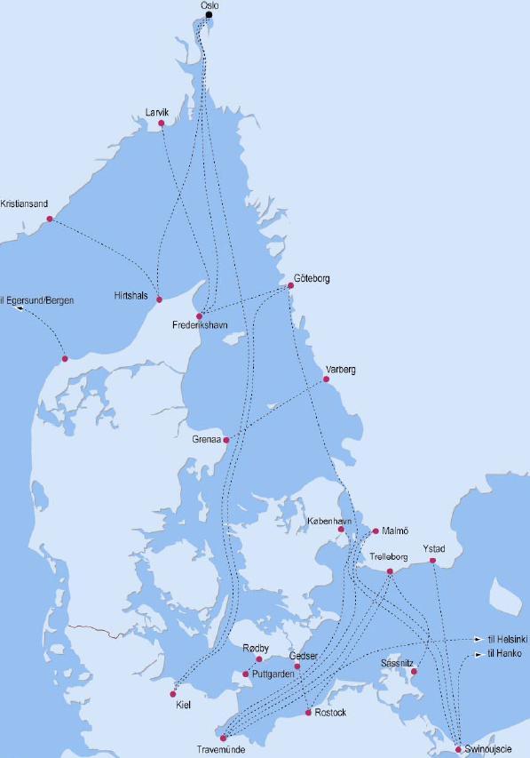 Figure 2-2: Ferry route connections between Scandinavia and the European continent around the STRING corridor in 2001. Source: Fehmarn Belt forecast (2002) 2.2.1 METHOD FOR CALCULATING LONG DISTANCE TRAFFIC IN THE CORRIDOR Femern A/S has in 2013 revised the Environmental Impact Assessment (EIA) for the fixed Fehmarn Belt link.