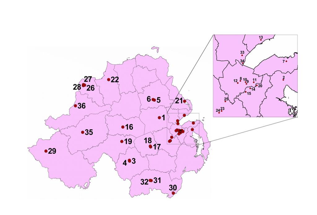Figure 3. Automatic Monitoring Sites in Northern Ireland; details of sites and pollutants measured at each location are shown in the accompanying table.