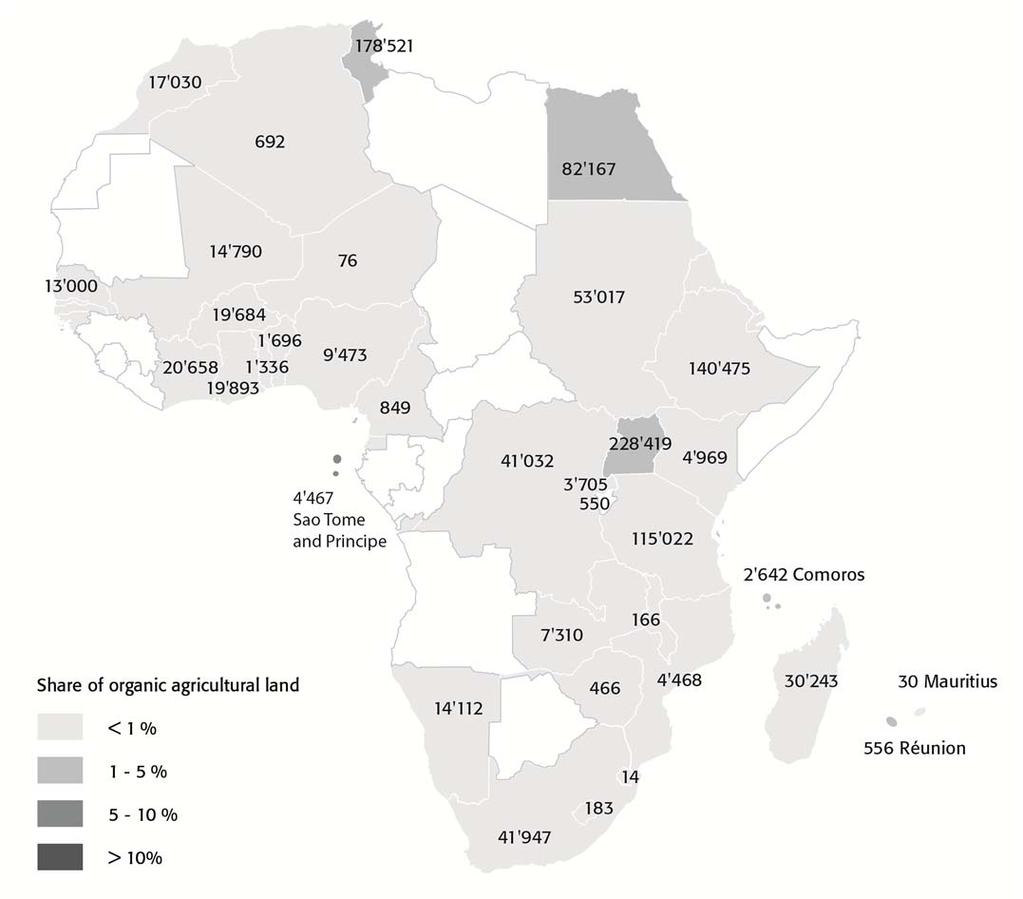 Africa: Organic agricultural land by country 2011 In Africa, there were 1.1 million hectares of certified organic agricultural land (data 2011).