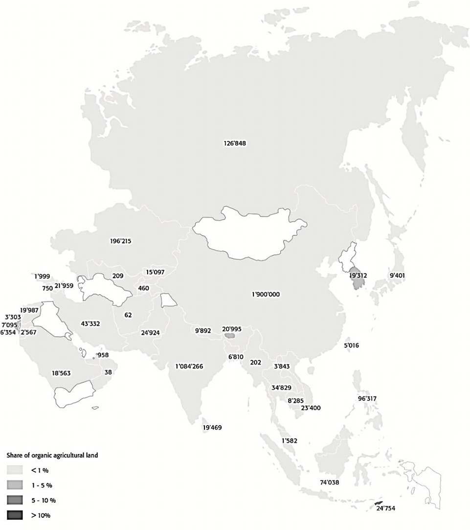 Asia: Organic agricultural land by country 2011 The total organic agricultural area in was Asia 3.7 million hectares in 2011. This constitutes ten percent of the world s organic agricultural land.