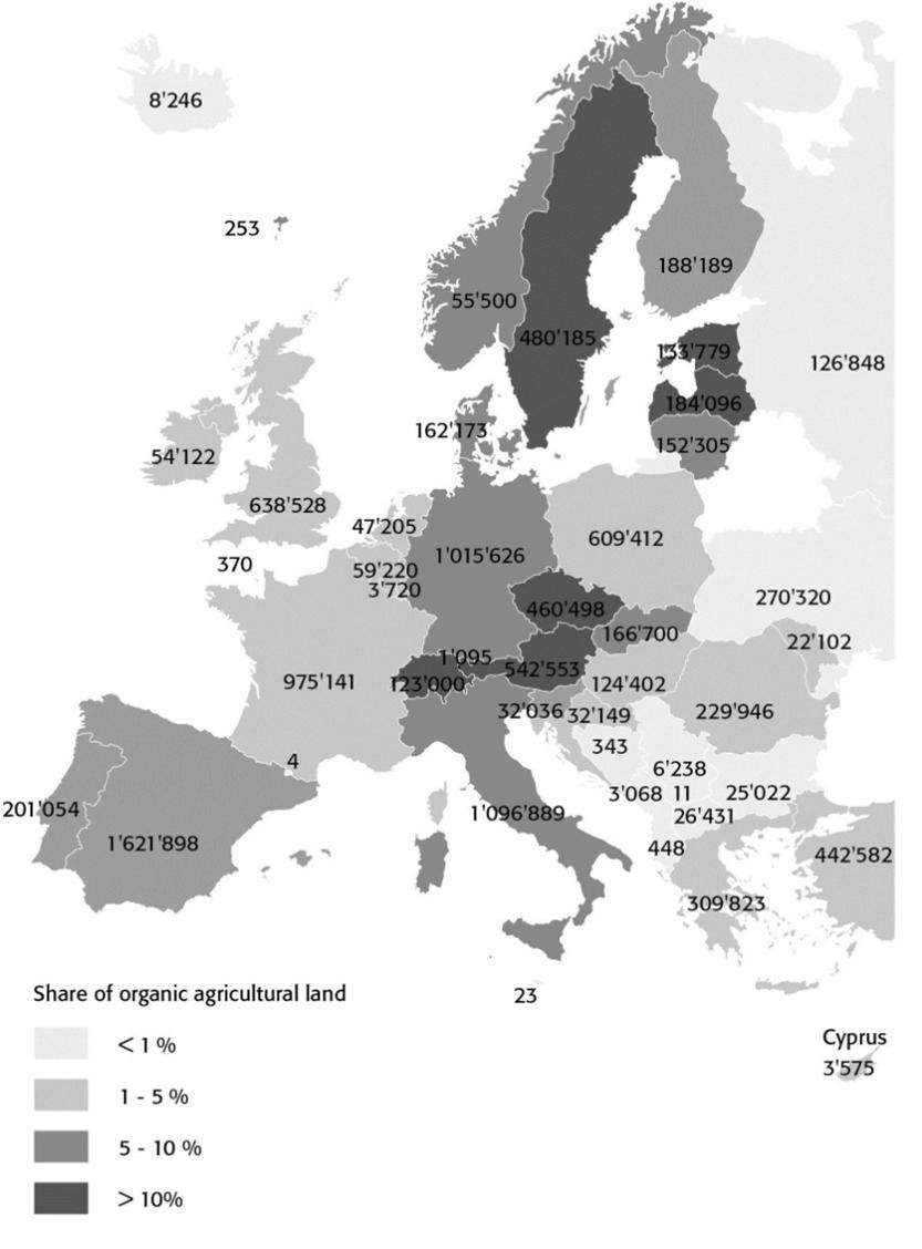 Europe: Organic agricultural land by country 2011 10.6 million hectares of agricultural land are organic (including in conversion areas). This constitutes 2.