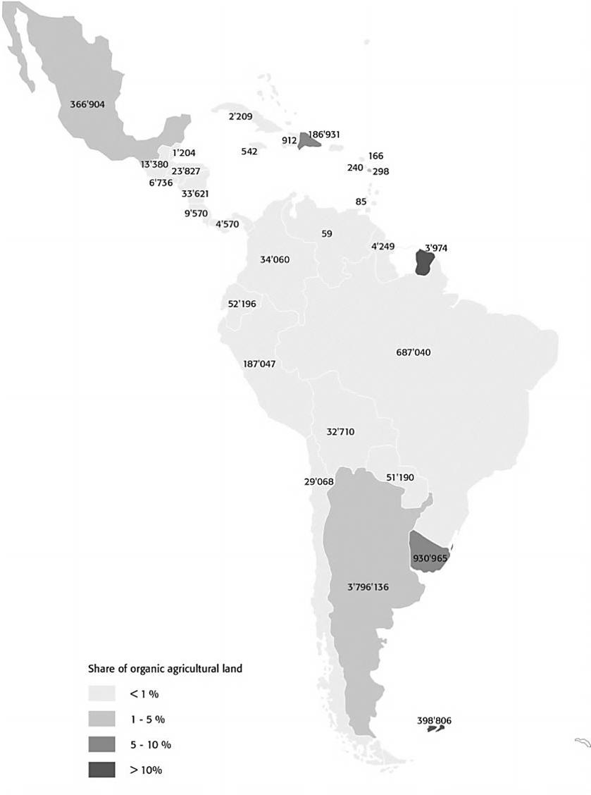 Latin America/Caribbean: Organic agricultural land by country 2011 In Latin America, more than 300 000 producers managed 6.9 million hectares of agricultural land organically in 2011.