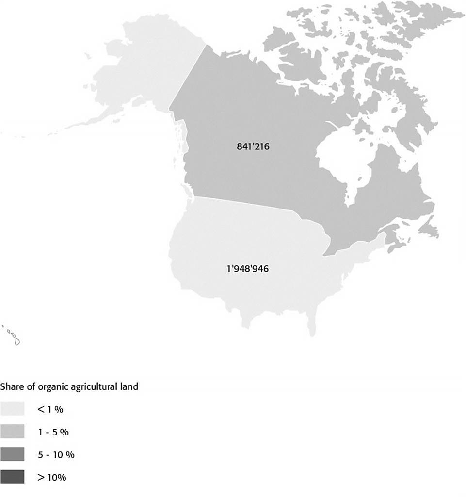 North America: Organic agricultural land by country 2011 In North America, almost 2.8 million hectares are managed organically, of these nearly two million in the United States and 0.