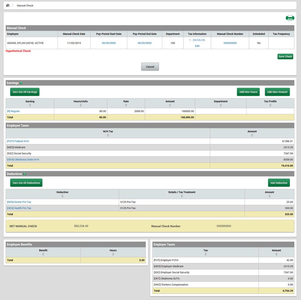 Manual checks are stored on the Pay Employees screen under the Manual Checks tab and display their current status in the Status column.