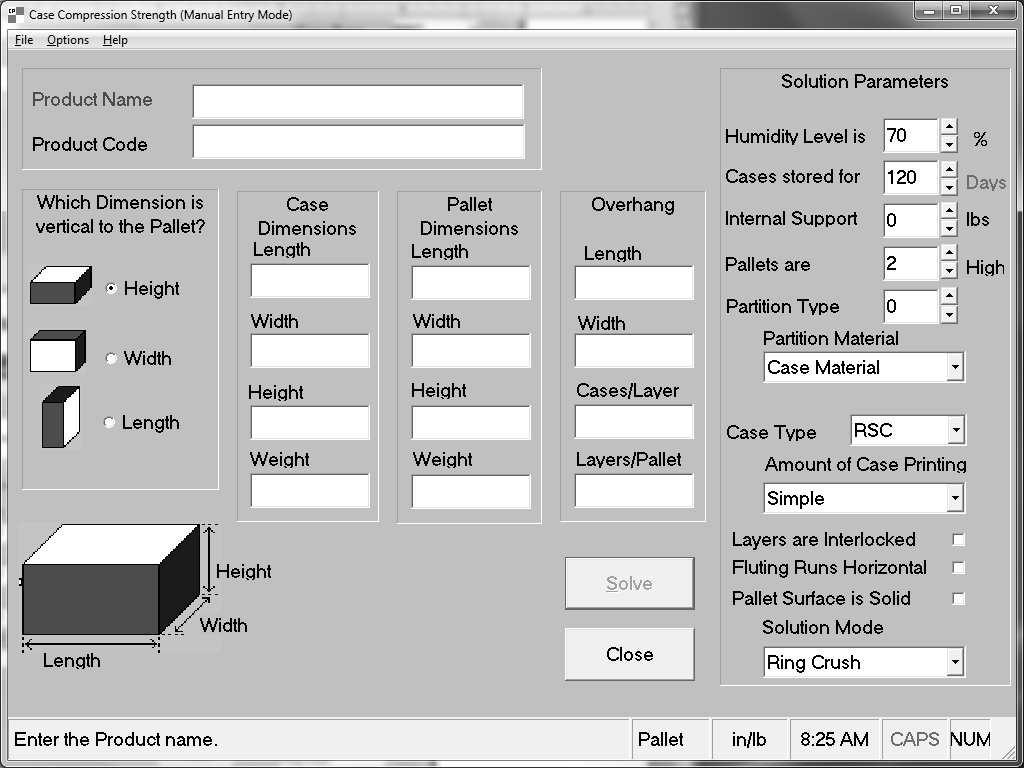 To run a Strength analysis on a palletized case, select Strength from the Programs menu, Other Programs at the Front Menu screen. The following screen will appear.