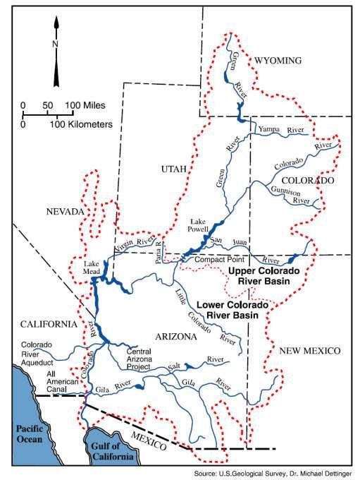 Colorado River Compact Divides basin into Upper and Lower Basins water between 7 US states,