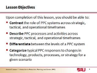 Lesson 1: Introduction to Production, Planning, and Control (PPC). 5. Lesson objectives.