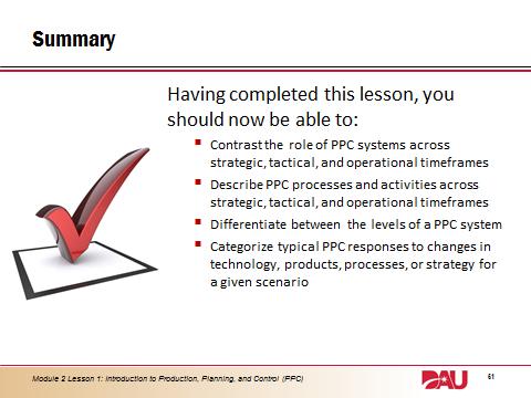 54. REVIEW Having completed this lesson, you should now be able to: Contrast the role of PPC systems across long, medium, and operational timeframes.